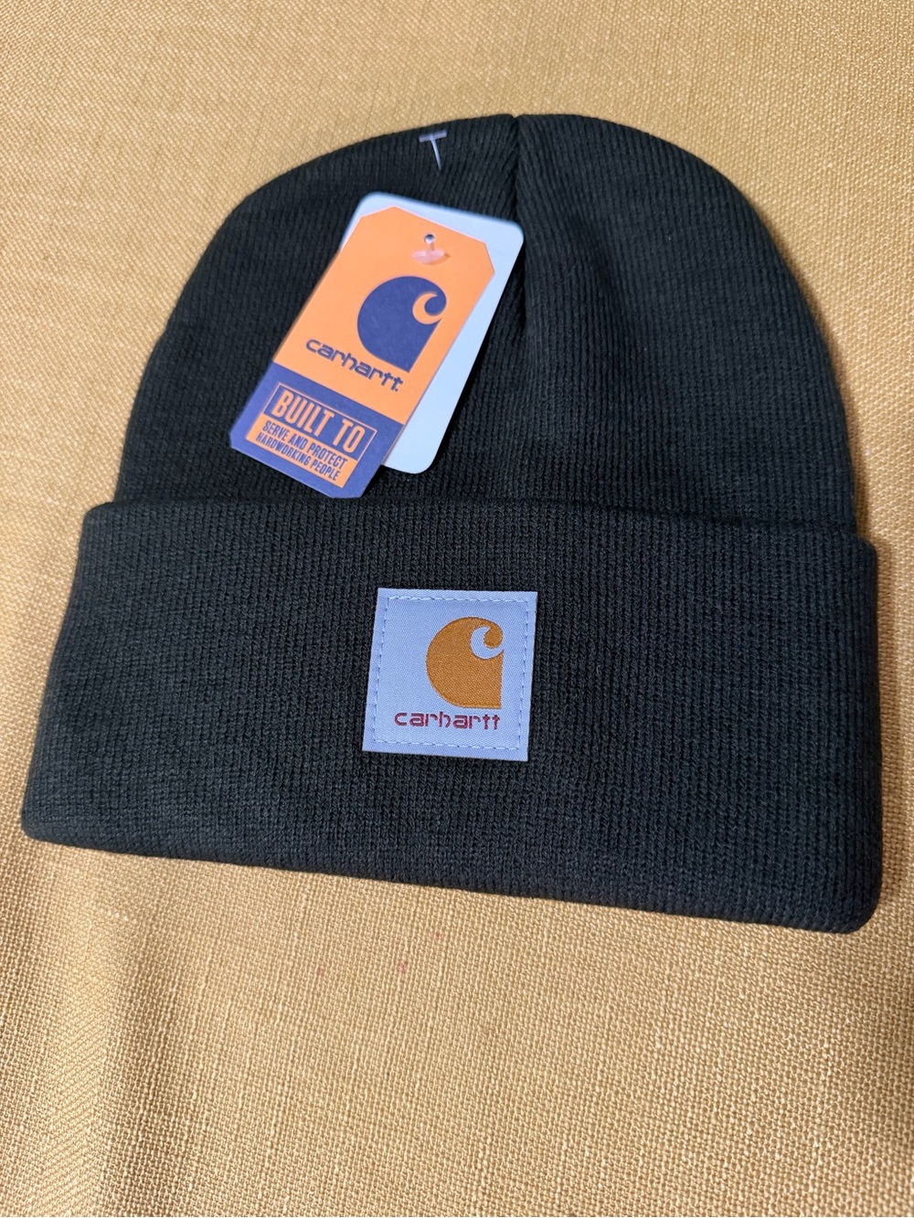 Carhartt Black Knit Cuffed Beanie with Orange Logo Patch